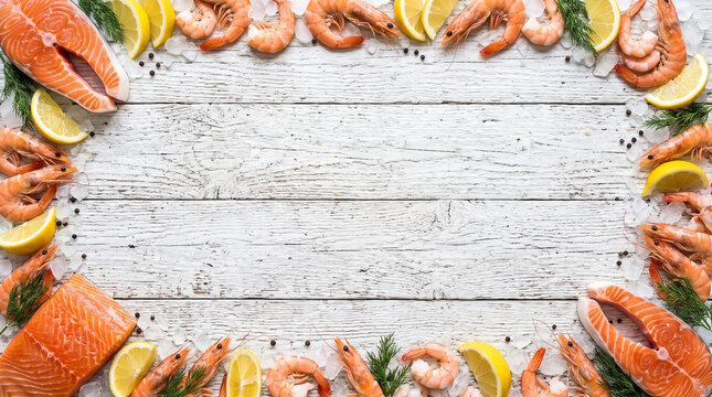 Boiled crab and shellfish on rustic brown paper background. Top view empty mockup space for coastal seafood menu.