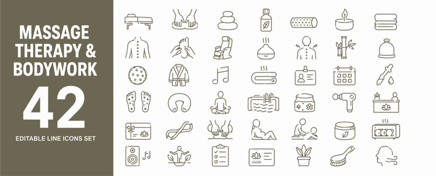 Massage therapy bodywork and spa wellness thin editable line icons collection