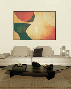3D render, illustration  Fan Ventilation Large Luxury modern living room interior,  brutalist architecture realistic lighting,  Graphic Overlay wide angle, contemporary furniture, clean lines, minimal