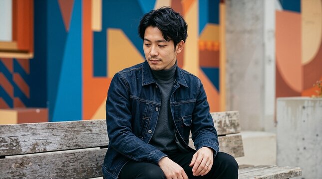Young Asian man with slouched posture sitting on a wooden bench outdoors. Thoughtful male in denim jacket resting against a colorful geometric mural background