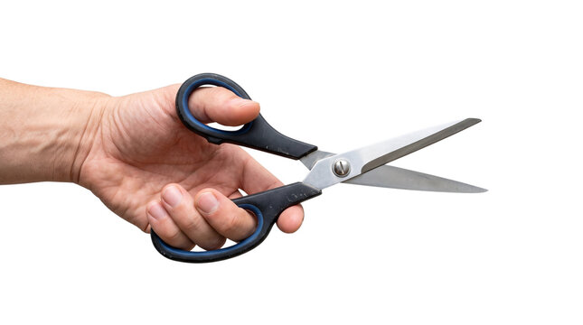 Hand Holding Open Stainless Steel Scissors Cutout Isolated Element for Craft and Office