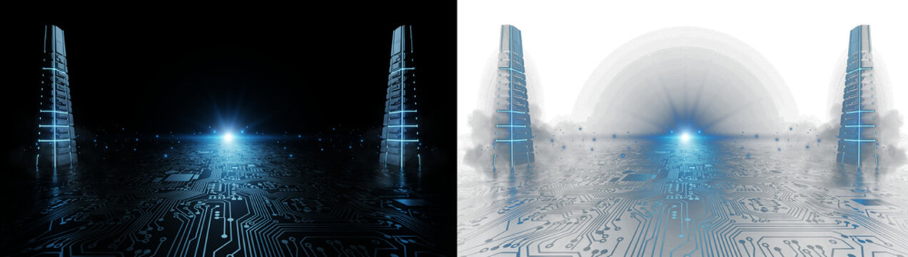 Futuristic digital landscape with two glowing monoliths and circuit board floor, scifi technology concept, hightech data center environment, 3d render isolated on transparent background