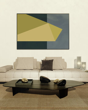 3D render, illustration  Fan Ventilation Large Luxury modern living room interior,  brutalist architecture realistic lighting,  Graphic Overlay wide angle, contemporary furniture, clean lines, minimal