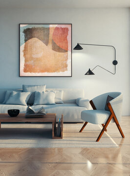 3D render, illustration  Fan Ventilation Large Luxury modern living room interior,  brutalist architecture realistic lighting,  Graphic Overlay wide angle, contemporary furniture, clean lines, minimal