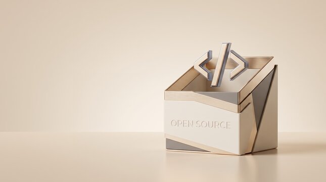 Minimalist 3D Metallic Code Symbol Icon Inside Modern Geometric Box Technology