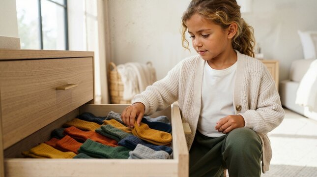Little girl choosing yellow socks from open wooden dresser drawer. Cute child getting dressed in bedroom. Daily morning routine and childhood independence