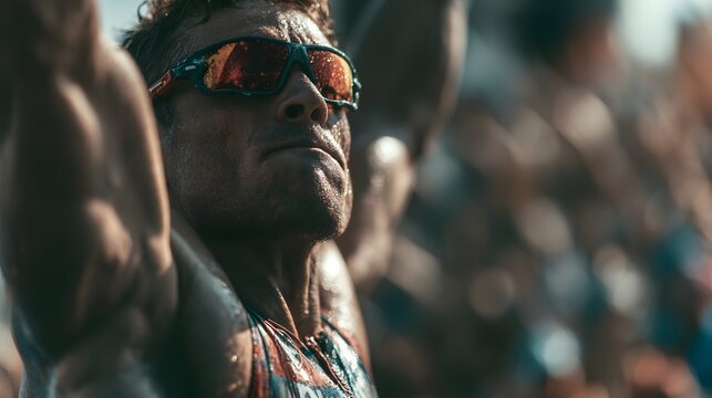 Close-up of man wearing sunglasses. Muscular arm raised toward stage. 
