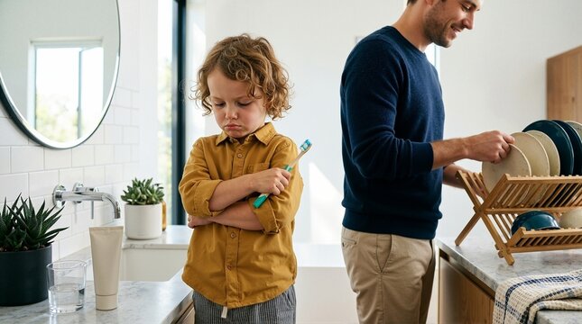 Grumpy young boy with crossed arms refusing to brush his teeth in the bathroom while his father washes dishes in the background. Family evening routine