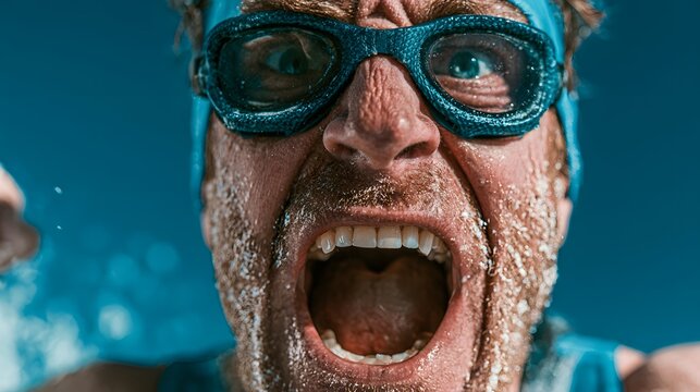 Close-up captures a swimmer wearing blue goggles