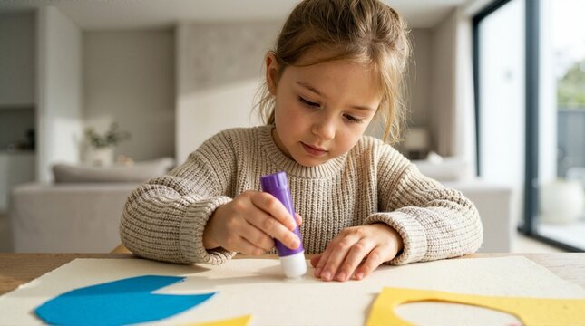Focused young girl using a glue stick for a paper craft project at a wooden table. Child engaged in creative indoor art activity