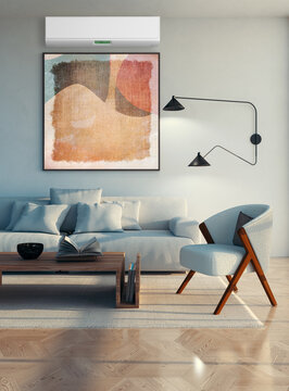 3D render, illustration  Fan Ventilation Large Luxury modern living room interior,  brutalist architecture realistic lighting,  Graphic Overlay wide angle, contemporary furniture, clean lines, minimal