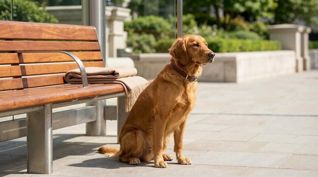 Golden retriever dog sitting beside a wooden bench at a bus stop. Obedient pet waiting on a city sidewalk. Urban animal lifestyle