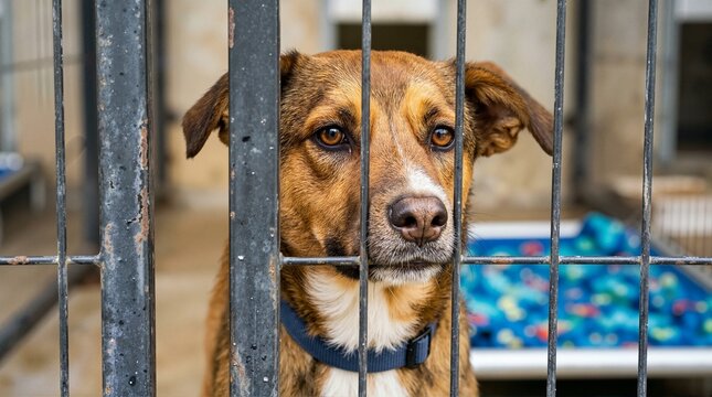 Sad dog looking through metal bars at an animal shelter. Rescue pet waiting for adoption in a kennel