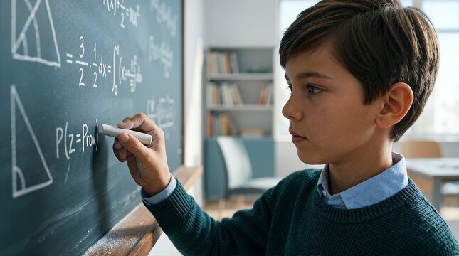 Schoolboy writing math equations on blackboard. Young student solving geometry problems in classroom