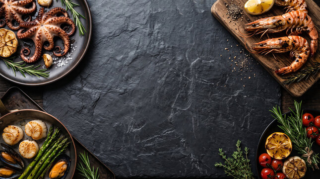 Grilled seafood and prawns on dark slate stone background. Top view empty mockup space for BBQ restaurant menu design.