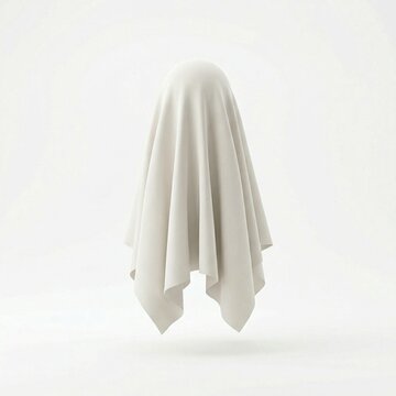 Ghost figure covered with a draped white sheet in a minimalistic space  