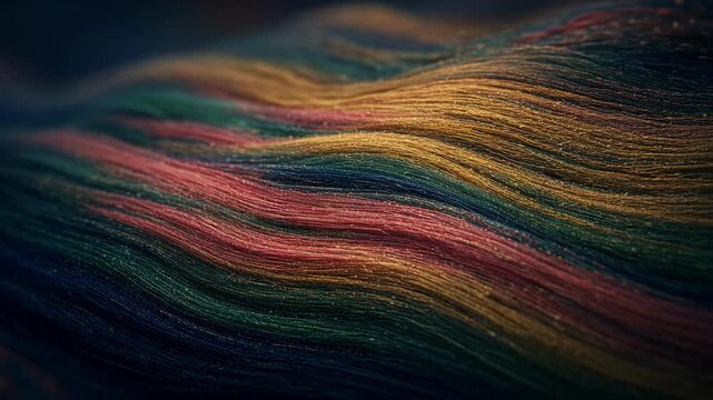 Multicolored fiber-like waves flow across a dark abstract background, symbolizing energy, motion, and connection