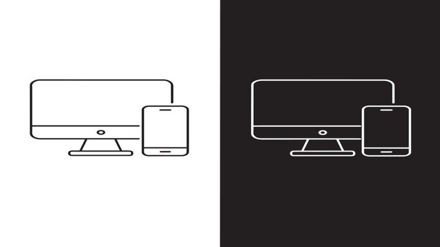Minimalist computer and smartphone line icons, responsive web design device symbols, digital technology vector set