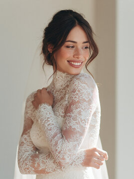 Portrait of happy smiling bride in delicate high neck lace wedding dress with veil