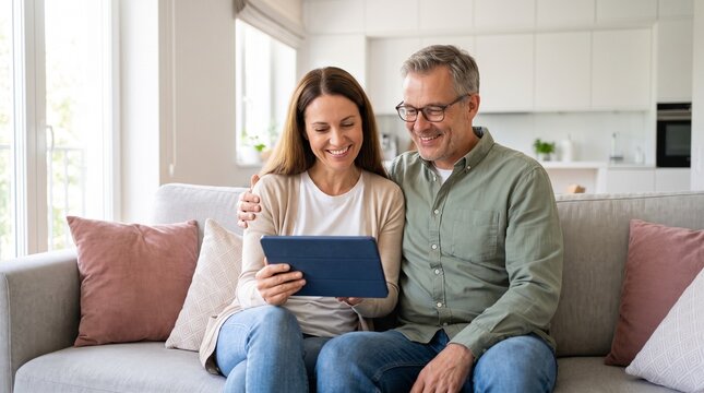 Happy middle aged couple sitting on a cozy couch together while smiling and browsing digital content on a tablet at home