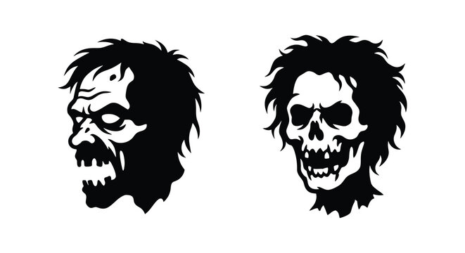 Two black silhouette heads one zombie and one skull against a white background