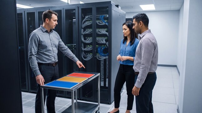 IT Team Reviews Color-Coded Data Center Emergency Procedure