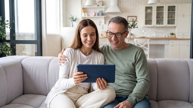 Happy Mature Couple Relaxing on Comfortable Sofa While Looking at Digital Tablet Device Together in Bright Modern Home Living Room
