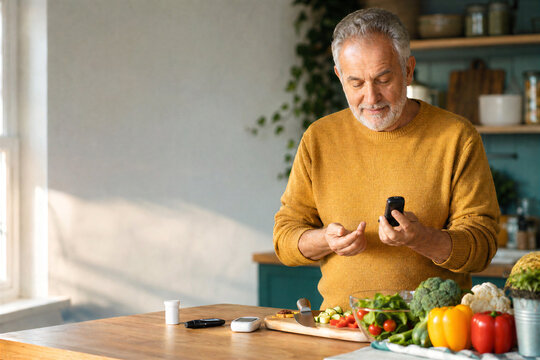 Senior man checking blood glucose beside fresh vegetables for World Diabetes Day