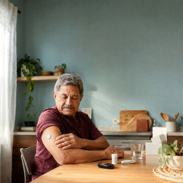 Senior man checking continuous glucose monitor during diabetes self-care