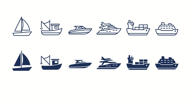 Collection of various boat and ship icons in two styles, representing different types of water transport.