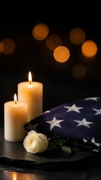 Folded American flag candles and rose for September 11
