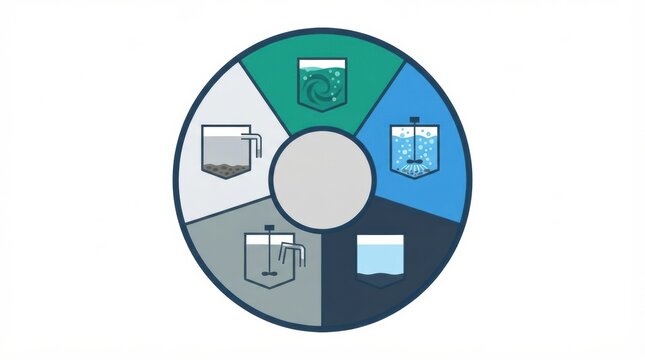 This diagram presents the SBR cycle in wastewater treatment showing the different stages of sewage purification at a treatment plant.