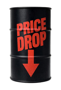 Black oil barrel drum with bold red price drop text and arrow pointing downward isolated