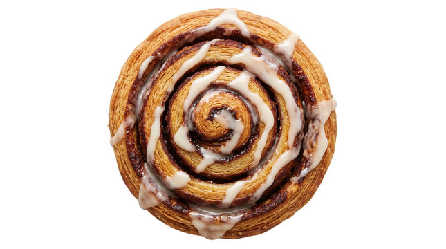 Fresh Baked Cinnamon Roll with Sweet White Icing Drizzle Overhead View Cutout Transparent PNG Clipart Element
