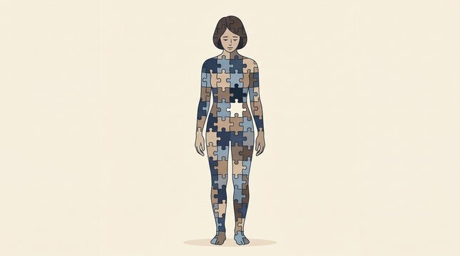 Woman Body Made of Jigsaw Puzzle with Missing Piece Conceptual Illustration for Emptiness