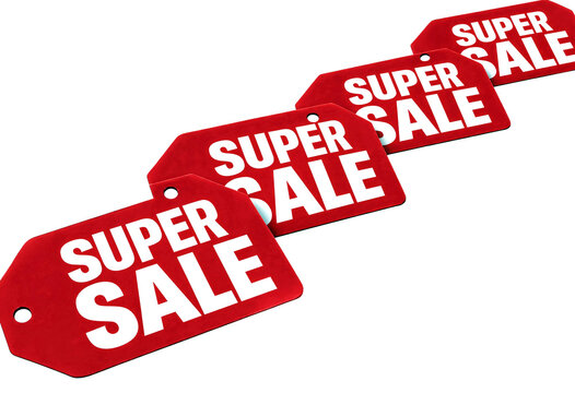 Bright red super sale price tags arranged diagonally for discount promotion campaign