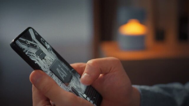A man's hands grip a smartphone, tapping through the setup of a personal AI assistant. He deliberately embraces cutting-edge technology, aiming to streamline daily tasks as the app configures