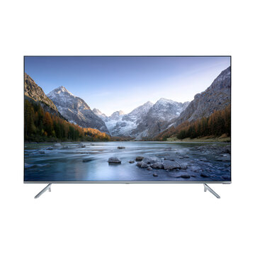 Modern flat screen smart tv showcasing a stunning landscape with majestic snowcapped mountains and a serene flowing river isolated on transparent background