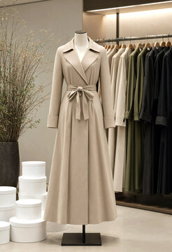 Elegant long beige coat with belt displayed on mannequin in modern clothing store setting