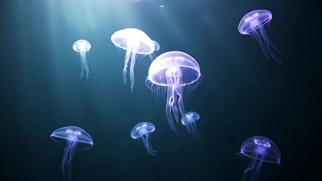 Glowing jellyfish gracefully drifting in deep ocean waters.