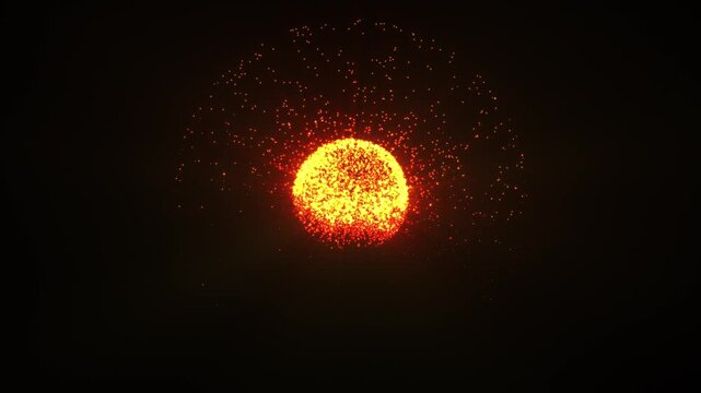 Abstract glowing orange particle sphere floating in dark space, creating a futuristic energy core with radiant light, sparks