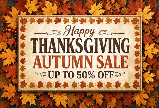 Vibrant autumn leaves surrounding a happy thanksgiving autumn sale sign with discount offer