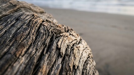 Fototapeta premium Weathered driftwood texture lying on a sandy beach coast