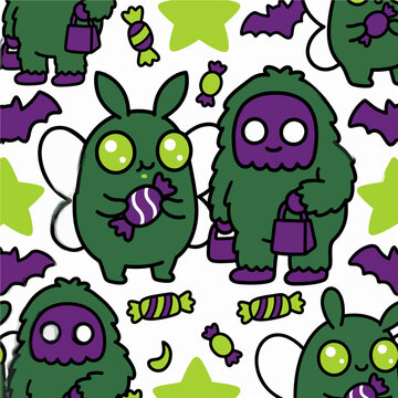 Cute Halloween Cryptid Seamless Pattern with Mothman and Bigfoot Characters