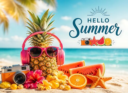 Tropical beach pineapple vacation background with camera starfish watermelon and text hello summer