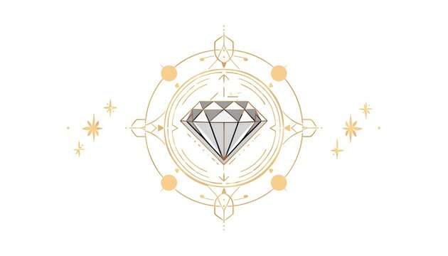 Elegant diamond gemstone icon surrounded by geometric esoteric circles and glowing golden stars on a white background with sacred geometry luxury icon crystal jewel mystical design magic talisman