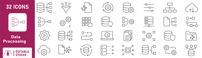 32 Data Processing Vector Outline Icons Set – Database, Data Management, Information Flow, Server, Analytics and Technology Line Symbols Collection © Mai