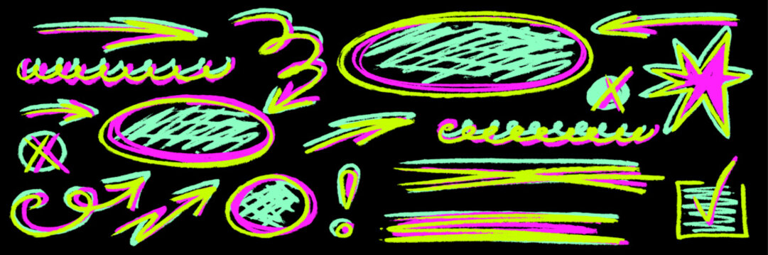 Neon arrow, crayon underline and scribble pack. Chalk texture brush doodle on black, glowing pencil ovals, bright arrow curls, crayon marks and bold underline.