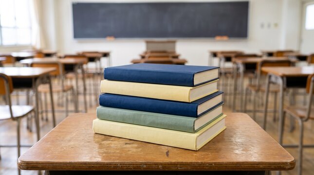 Stack of educational books on a wooden desk in an empty school classroom