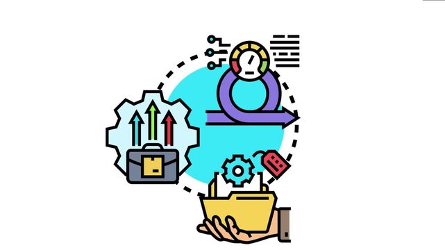 Business concept of boosting excellence and improving success, featuring a circular process, a brief case with upward arrows, and a hand holding a folder with a gear icon and a tag